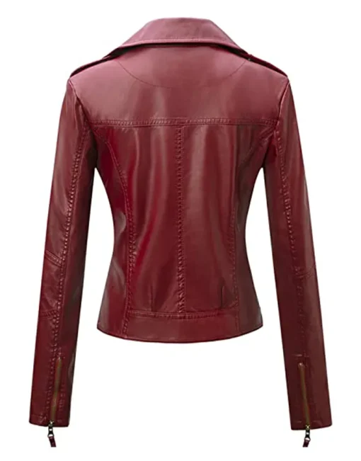 Women’s Slim Fit Burgundy Faux Leather Moto Biker Jacket - Image 2