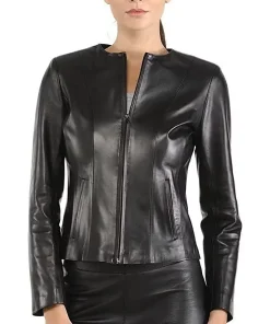 womens-slim-fit-collarless-black-faux-leather-jacket