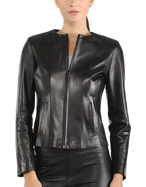 womens-slim-fit-collarless-black-faux-leather-jacket