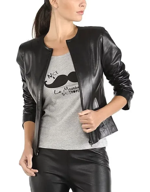 womens-slim-fit-collarless-black-faux-leather-jacket