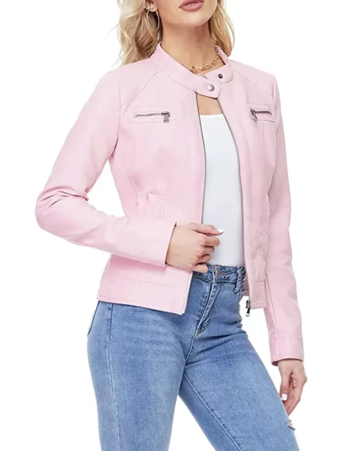 Women's Snap Button Collar Light Pink Faux Leather Jacket - Image 6