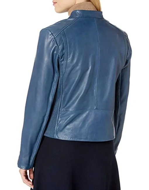 womens-stand-collar-blue-faux-leather-jacket