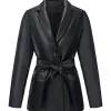 womens-stylish-black-faux-leather-belted-blazer