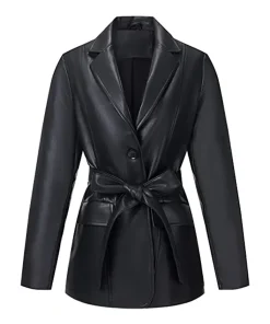 womens-stylish-black-faux-leather-belted-blazer
