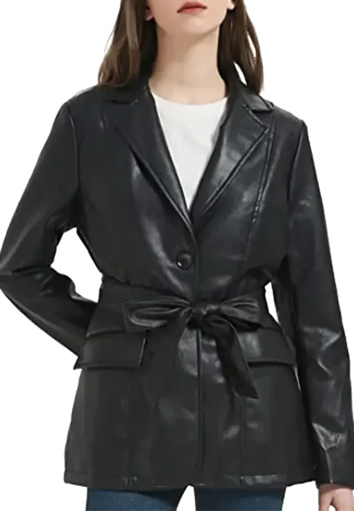 womens-stylish-black-faux-leather-belted-blazer