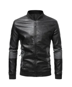 mens-black-faux-leather-paneled-zip-bomber-jacket