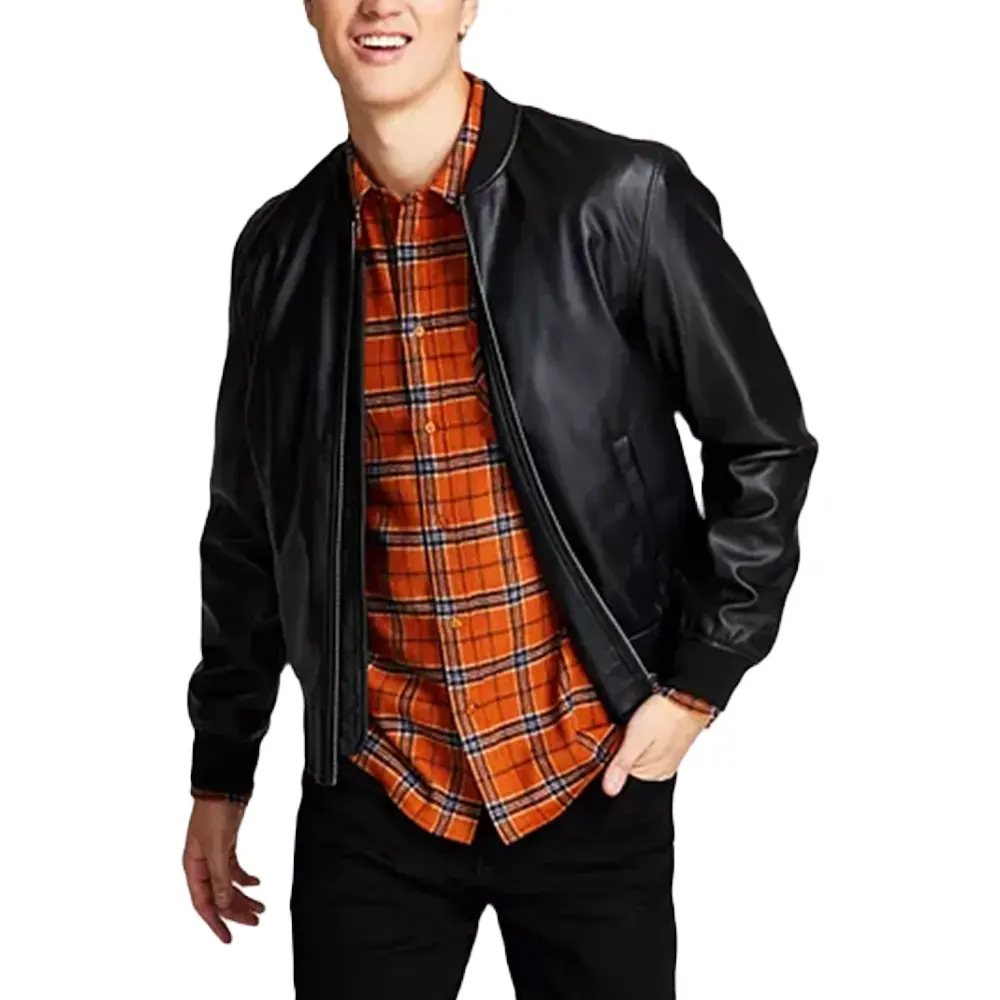Men's Black Faux Leather Bomber Slim Fit Jacket 1 mens-black-faux-leather-bomber-slim-fit-jacket