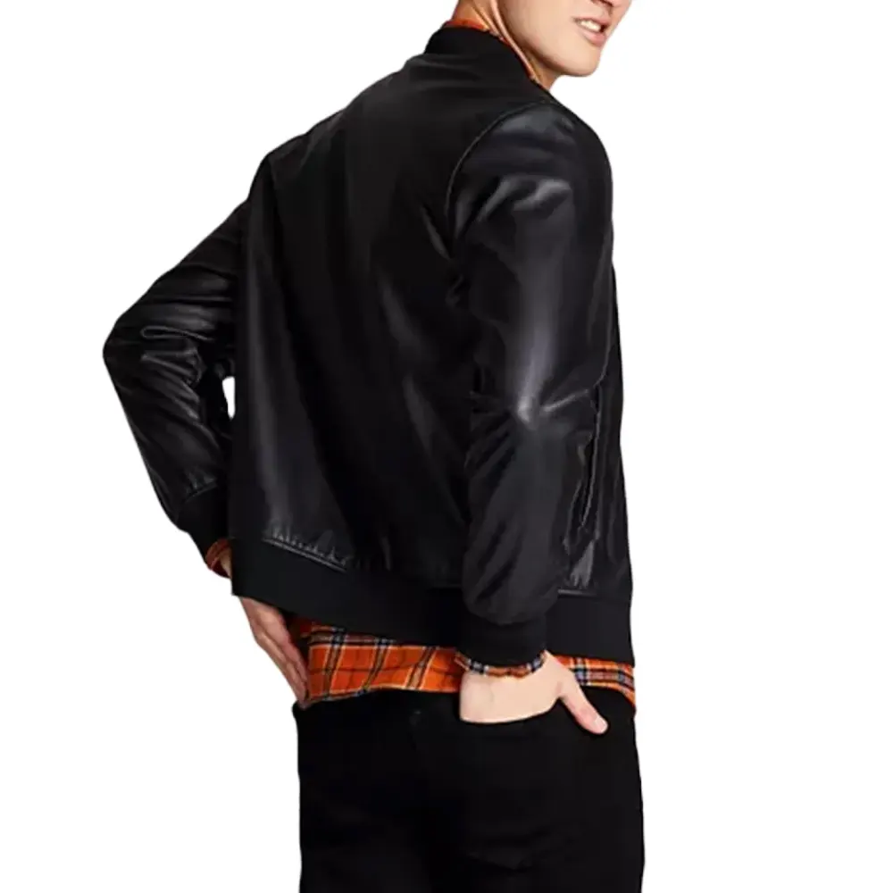 Men's Black Faux Leather Bomber Slim Fit Jacket 2 mens-black-faux-leather-bomber-slim-fit-jacket
