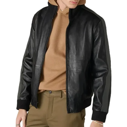 mens-casual-black-faux-leather-bomber-jacket