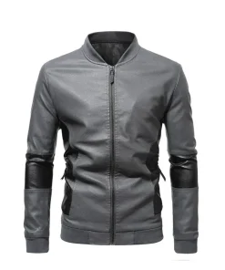mens-gray-faux-leather-paneled-zip-bomber-jacket