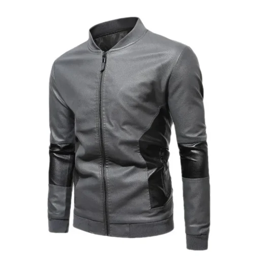 mens-gray-faux-leather-paneled-zip-bomber-jacket