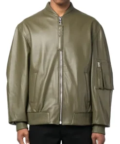 mens-green-faux-leather-bomber-jacket
