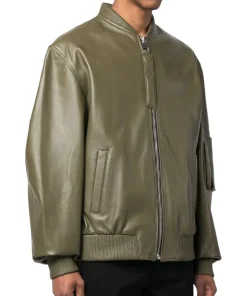 mens-green-faux-leather-bomber-jacket