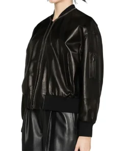 womens-band-collar-black-faux-leather-bomber-jacket