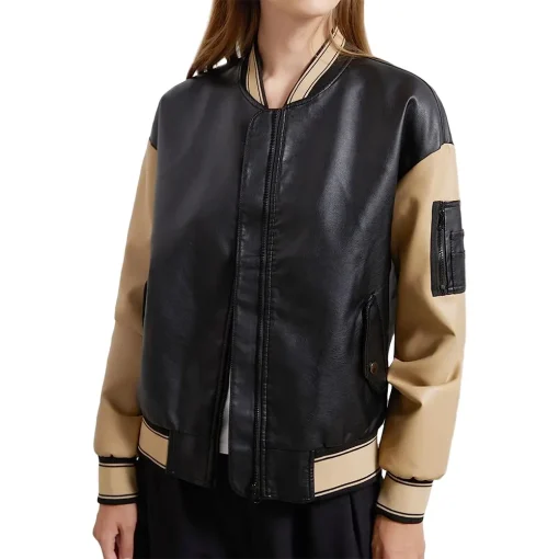 womens-black-and-khaki-faux-leather-bomber-jacket