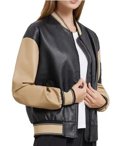 womens-black-and-khaki-faux-leather-bomber-jacket