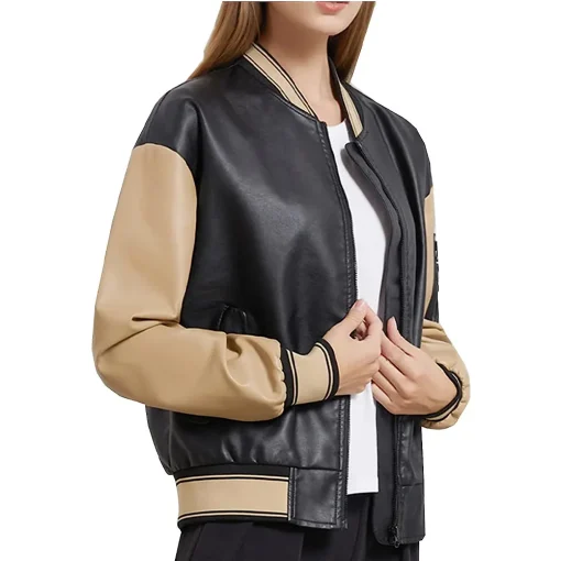 womens-black-and-khaki-faux-leather-bomber-jacket