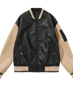 womens-black-and-khaki-faux-leather-bomber-jacket