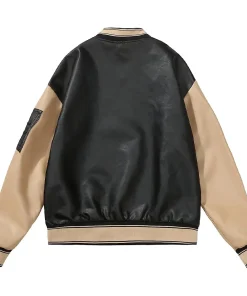 womens-black-and-khaki-faux-leather-bomber-jacket