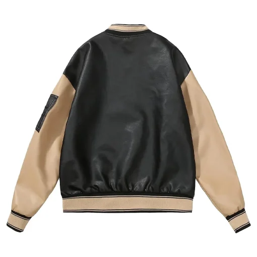 womens-black-and-khaki-faux-leather-bomber-jacket