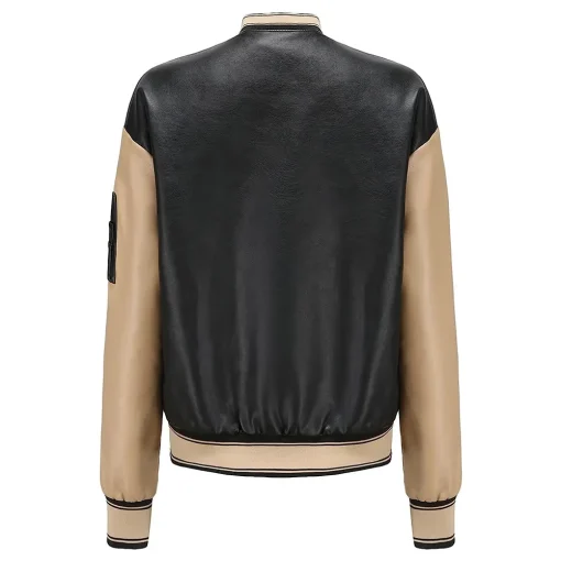womens-black-and-khaki-faux-leather-bomber-jacket