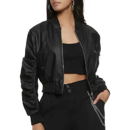 womens-black-faux-leather-ruched-sleeve-bomber-jacket