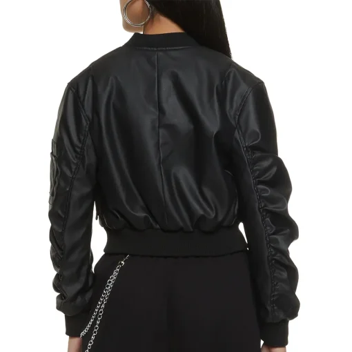 womens-black-faux-leather-ruched-sleeve-bomber-jacket