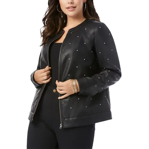 Women's Black Faux Leather Studded Bomber Jacket
