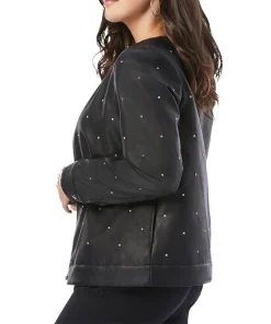 womens black faux leather studded bomber jacket 2