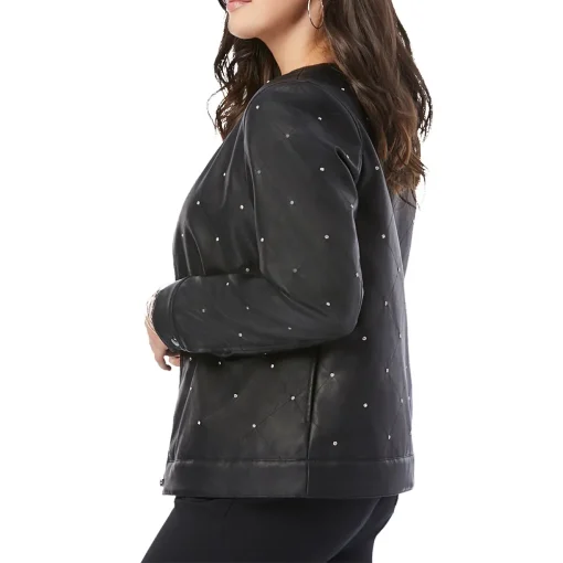 Women's Black Faux Leather Studded Bomber Jacket - Image 3