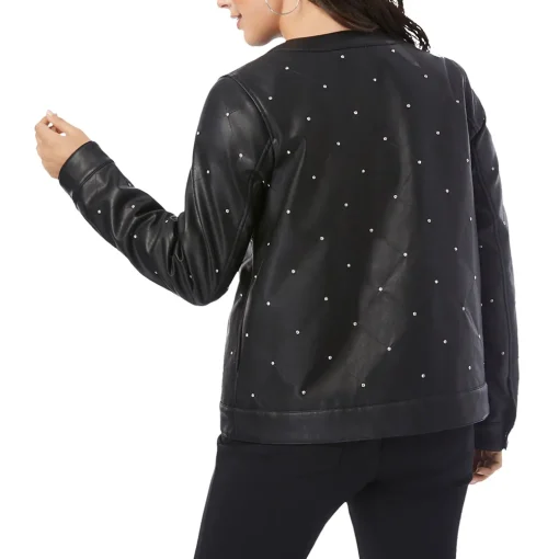 Women's Black Faux Leather Studded Bomber Jacket - Image 2