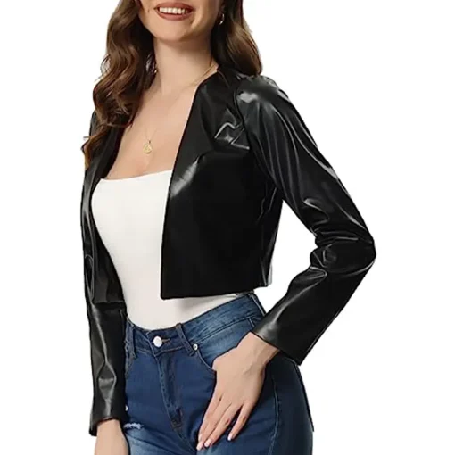 womens-black-open-front-faux-leather-jacket