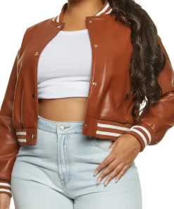 womens-brown-faux-leather-bomber-jacket