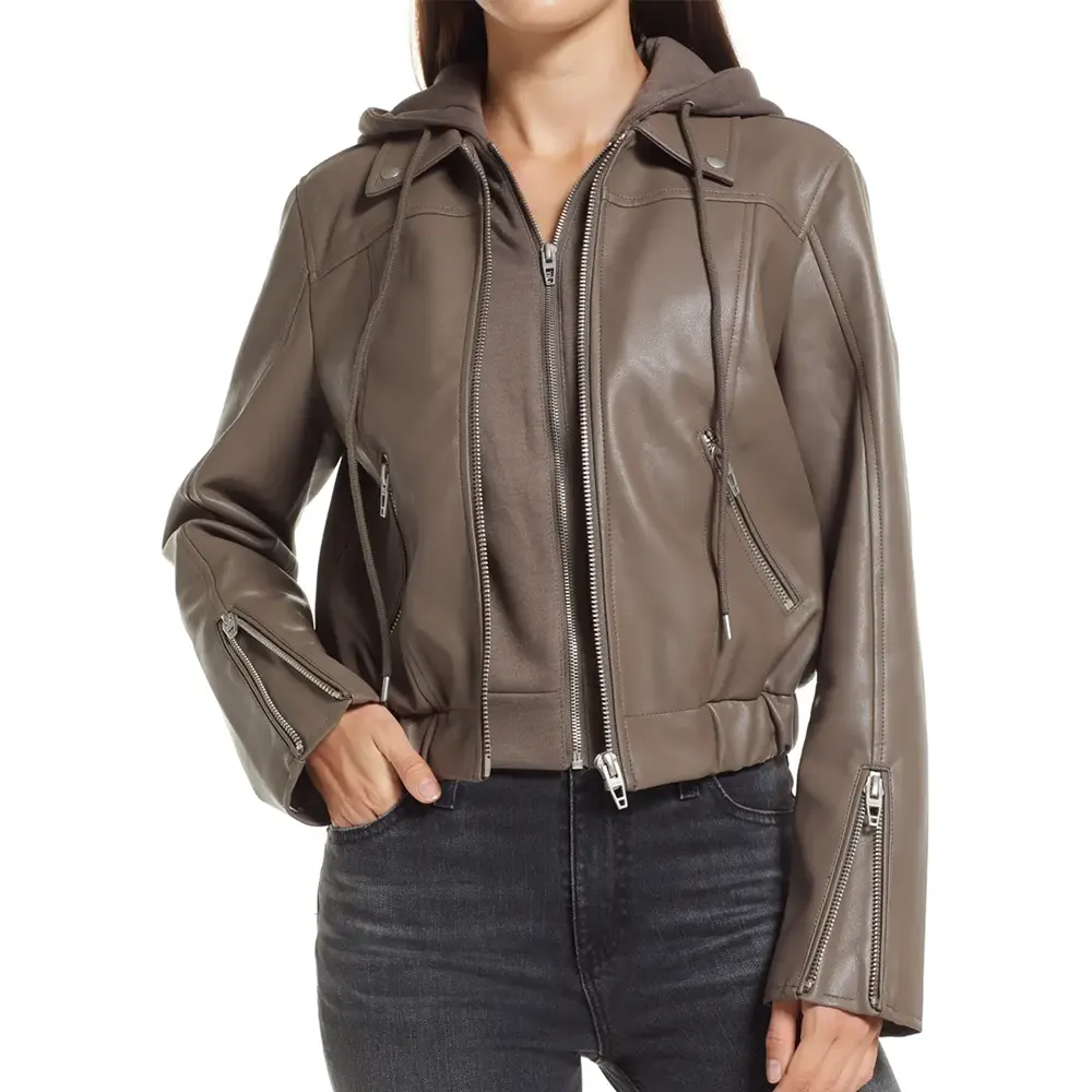 Women’s Brown Faux Leather Bomber Jacket with Removable Hood 2 womens-brown-faux-leather-bomber-jacket-with-removable-hood