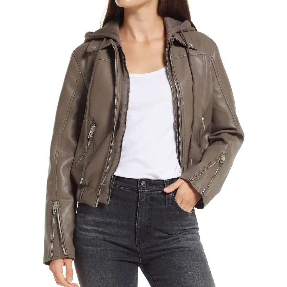 Women’s Brown Faux Leather Bomber Jacket with Removable Hood 5 womens-brown-faux-leather-bomber-jacket-with-removable-hood