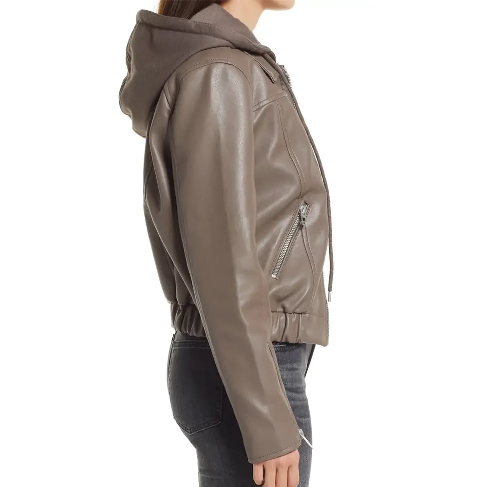 Women’s Brown Faux Leather Bomber Jacket with Removable Hood 6 womens-brown-faux-leather-bomber-jacket-with-removable-hood