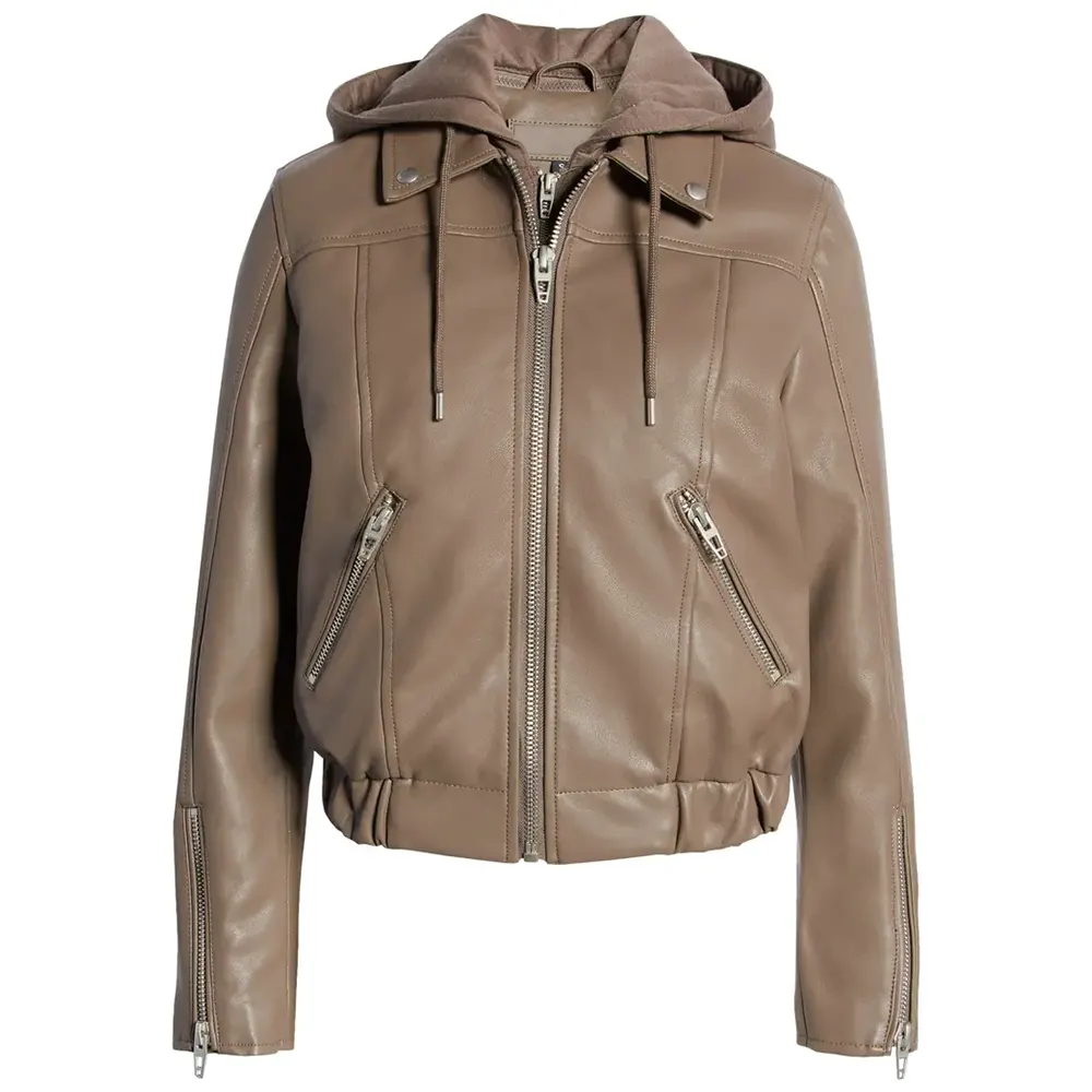 Women’s Brown Faux Leather Bomber Jacket with Removable Hood 1 womens-brown-faux-leather-bomber-jacket-with-removable-hood
