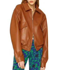 womens-brown-faux-leather-volume-bomber-jacket