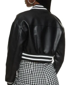 womens-cropped-black-faux-leather-bomber-jacket