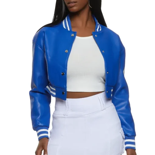 womens-cropped-blue-faux-leather-bomber-jacket