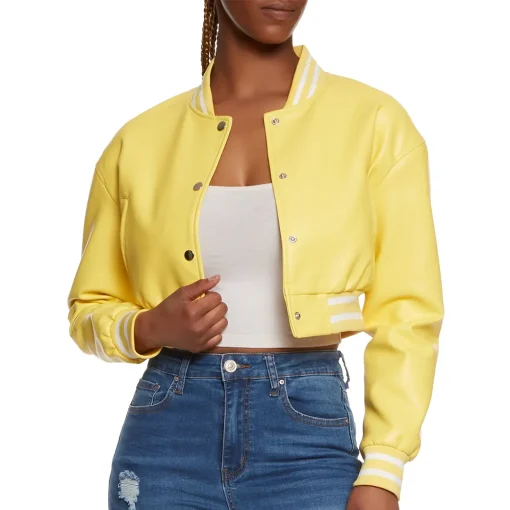 womens-cropped-yellow-faux-leather-bomber-jacket