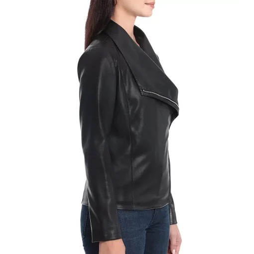 womens-draped-black-faux-leather-jacket