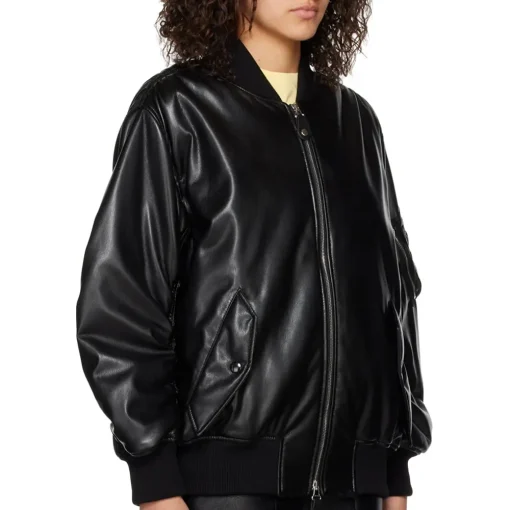 womens-grained-black-faux-leather-bomber-jacket