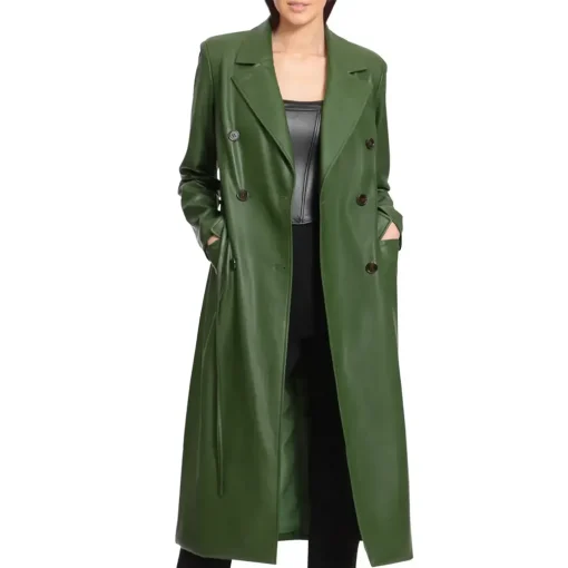 womens-green-faux-leather-trench-coat