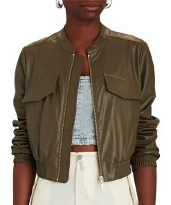 womens-olive-green-faux-leather-bomber-jacket