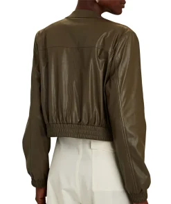 womens-olive-green-faux-leather-bomber-jacket