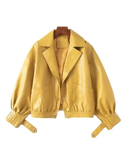 womens-snap-button-yellow-faux-leather-bomber-jacket