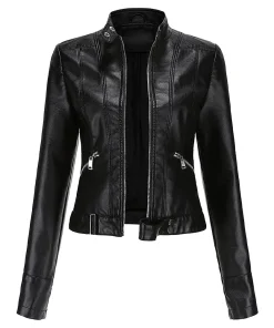 womens-stand-collar-black-faux-leather-short-jacket