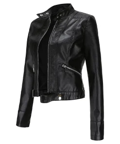 womens-stand-collar-black-faux-leather-short-jacket