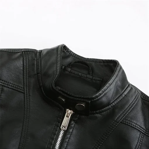 womens-stand-collar-black-faux-leather-short-jacket